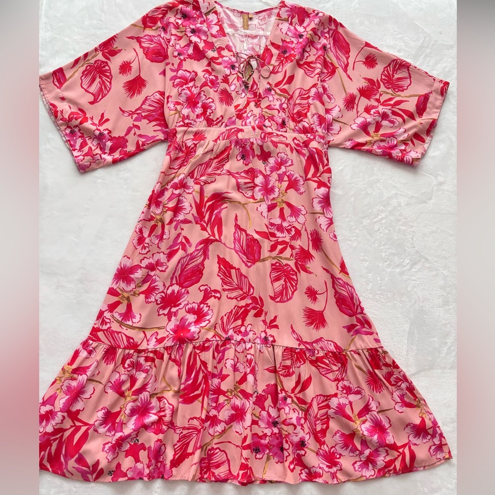 ONSHORE Boho Pink Paradise Carrimal Long Raglan Sleeve Maxi Dress Cover-Up--OS